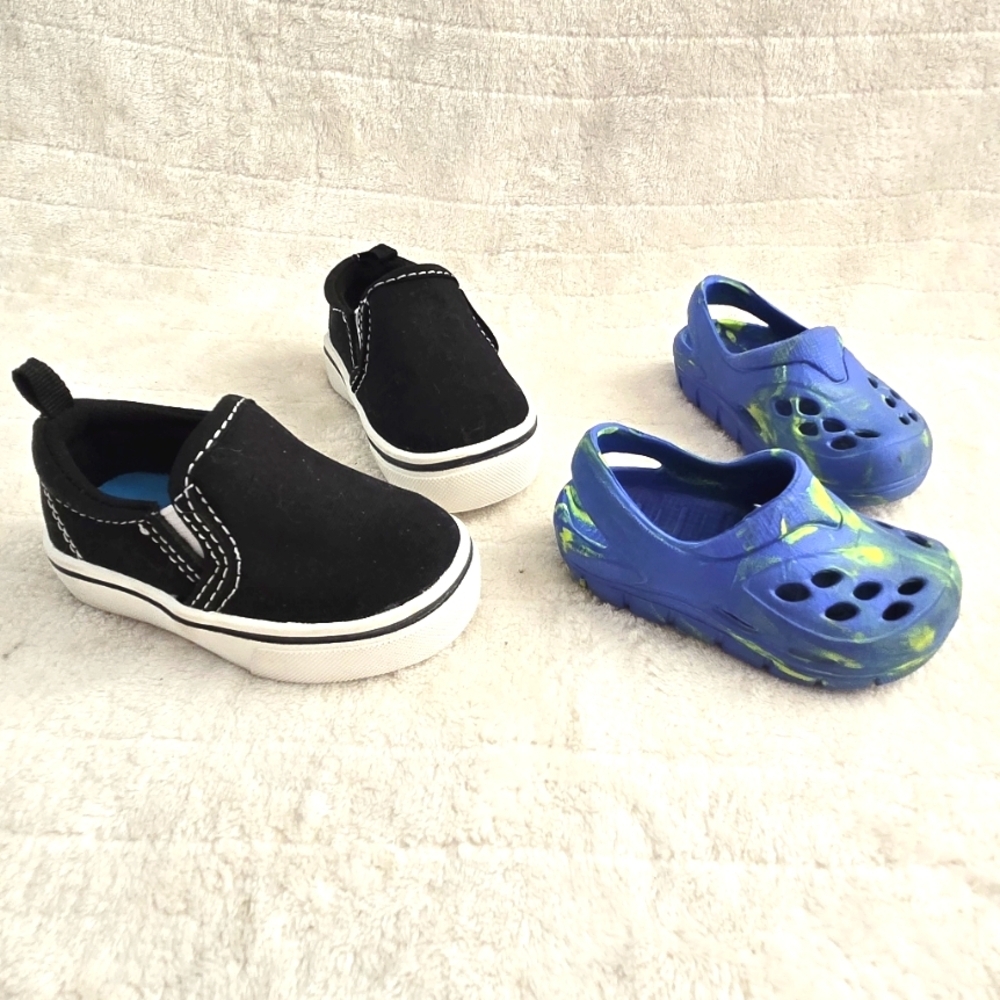 Set Toddler Canvas Black & Clogs Blue Unisex Kids Casual Combo Twin Slip On Sz 3